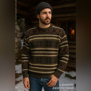 Vintage Fair Isle Nordic Sweater Oversized Cozy Cabin Knit Men’s XL/Women’s XXL